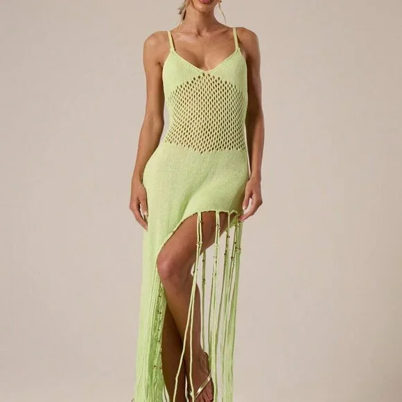 Lime Green Casual Women's Crochet Knit Beaded Fringing Maxi Cover Up Dress - Picture 4 of 6